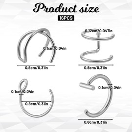 Psyqtsuary Fake Lip Piercing, 16 Pcs Stainless Steel Fake Lip Ring 8mm Faux Nose Ring Non Piercing Hoop Nose Rings for Women Men (Silver, Black)