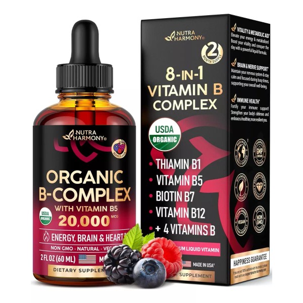 Nutra Harmony Complejo B Orgánico Usda Vitaminas 8 En 1 Hecho En Usa Sabor Berry