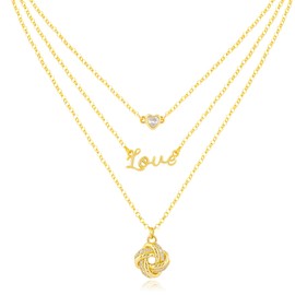 Multilayered Gold Heart Love Knot Necklace for Women 14K Gold Plated Dainty Love Cubic Zirconia Love Heart Love Infinity Knot Pendant Necklace Adjustable Chain Wedding Birthday Jewelry Gift for Women