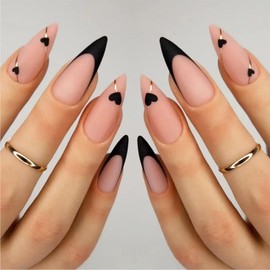Valentine's Day Press on Nails Medium Almond Fake Nails with Black Heart French Tip Designs Matte Nails Press ons Gold Lines Acrylic Nails Nude Stick on Nails for Women 24Pcs