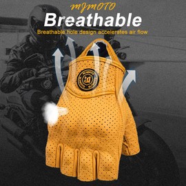 mjmoto Classic Vintage Perforation Leather Motorcycle Gloves Half Finger Protected Moto Motocross Racing Glove Fingerless Summer Yellow (Yellow-Hole, Medium)