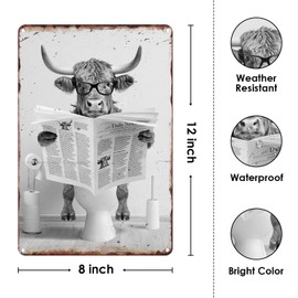 Sanwarm Vintage Metal Sign 8X12 Inch, Cow Reading Newspaper Funny Tin Sign Wall Art Decor For Home, Bathroom, Toilet Decoration