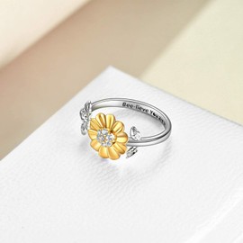 YFN Bee-lieve You Are My Sunshine Rings Sterling Silver Sunflower with Bee Open Adjustable Ring for Women Girls (Bee)