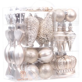 Sea Team 35-Pack Assorted Shatterproof Christmas Ball Ornaments Set, Baubles, Candy Canes, Stockings, Pinecones, Crowns, Pendants, Finial Drops, Xmas Tree Decorations, Champagne