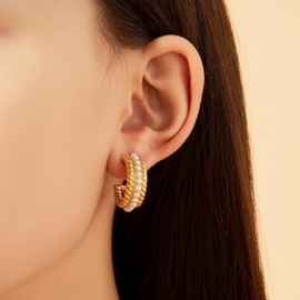 Mytys Gold Hoop Earrings for Women 18K Gold-Plated Gemstone Beads Earrings Boho Lightweight Pearl Rope Round Twisted Earring, Copper