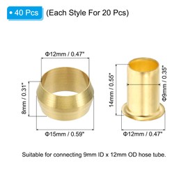 PATIKIL Brass Compression Sleeves Ferrules, 40 Pack 12mm ID x 12mm OD Hose Tube Brass Ferrule Brass Compression Insert Fitting Assortment Kit for Air Water Gas Pipe