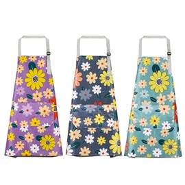 YWKJDDM Kitchen Aprons for Women, 3PCS Flower Aprons, Adjustable Floral Aprons, Waterproof Canvas Apron Chef Bakers Apron for Baking Cooking Gardening Restaurant