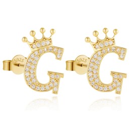 Letter Stud Earrings Crown Earrings for Girls 925 Sterling Silver Cubic Zirconia Initial Stud Earrings Hypoallergenic Earrings for Women (G)