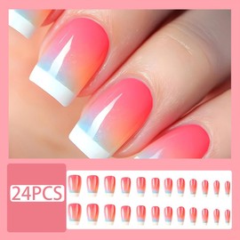 White French Press on Nails Medium Coffin Acrylic Fake Nails Red Gradient Glue on Nails Glossy Full Cover Stick on Nails Reusable False Nails DIY Manicure for Women Girls 24Pcs