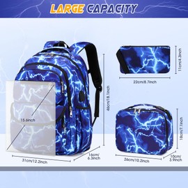 Bevalsa Backpack for Boys, Lightining School Bags for Kids, Bookbag for Boys Girls Teens Backpacks for Elementary Middle school Student, Bookbag and Lunch Bag Set with USB Charging Port (Lighting)