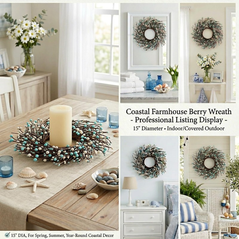 Quixem 15 Inch Rustic Teal Cream Pip Berry Candle Ring