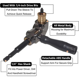 Candeon Right Angle Drill Attachment, Angle Drill Adapter, Angle Drill Attachment, 1/4 Inch Shank, 90 Degree Angle Attachment, Right Angle Drilling Adapter, Drill Attachment Adapter with Handle for