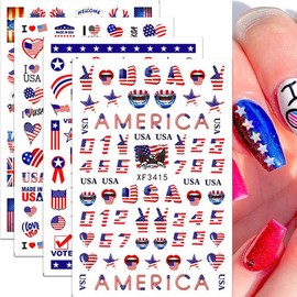 8 Sheets 4th of July Nail Art Stickers 3D Self-Adhesive Patriotic Nail Stickers American Flag Flame Butterfly Heart Patriotic Nail Art Design Stickers Independence Day Nail Decals for Women Manicure