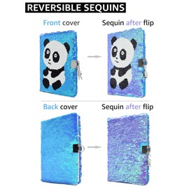 VIPbuy Reversible Sequin Panda Notebook Diary with Lock and Key Lined Travel Journal w/ Photo Corner for Kids Girls Gift, Size A5 (215 x140mm), 156 Pages, Blue to Purple