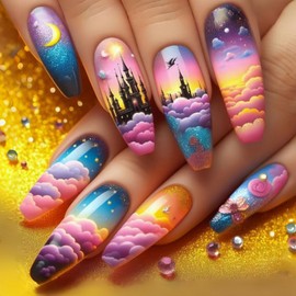 Colorful Clouds Press on Nails Long Ballet Shaped Castle Clouds and Moon Pattern Design Colorful Acrylic Fake Nail Full Cover Glossy Ballet Artificial Fingernails Reusable Glue on Nails for Women