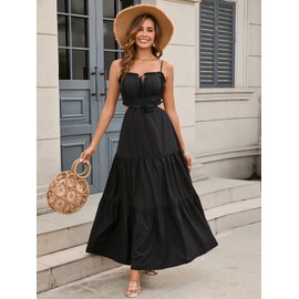 XinFSh Women's Summer Spaghetti Maxi Dress Boho Backless Milkmaid Cutout Dresses Casual Flowy Long Beach Vacation Sundress Black