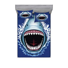 Ambesonne Shark Fitted Sheet & Pillow Sham Set, Attack of Open Mouth Sharp Teeth Sea Danger Wildlife Ocean Life Cartoon, Decorative Printed 3 Piece Bedding Decor Set, Queen, Blue Grey