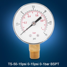 Dual Scale Mini Low Pressure Gauge, Low Pressure Hydraulic Gauge, Water Pressure Meter For Fuel Air Oil Or Water 0-15psi/0-1bar BSPT