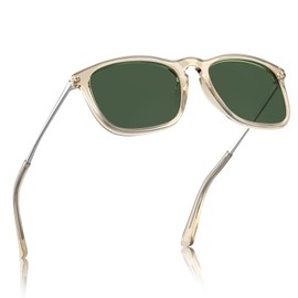 CARFIA Vintage Polarised Sunglasses for Men and Women, UV400 Protection, Ultralight Frame, Unisex polished transparent frame, green lenses, M