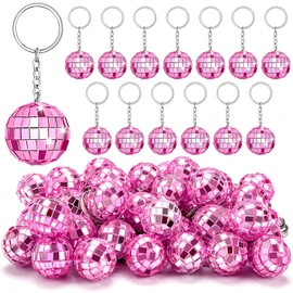 50Pcs Pink Disco Ball Keychain, Mini Small Pink Mirror Disco Ball Bulk Keyring Party Favors for 70s 80s Party Supplies Decorations