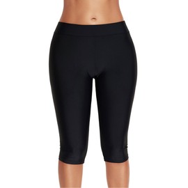 Akaeys Women Knee Length Swim Shorts Leggings Sun Protection Rash Guard Pants Sports Crop Swim Tights Tankini Bottom, Black, Medium