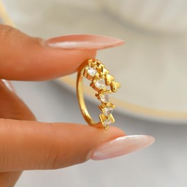 Nawflue 18K Gold Plated Cubic Zirconia Rings for Women Non Tarnish Adjustable Open Rings Dainty Pearl Leaf Wrap Ring Stackable CZ Wedding Thumb Rings Jewelry