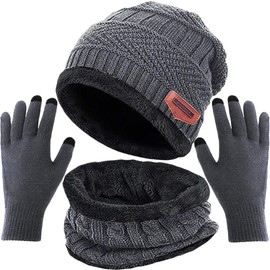 T WILKER 3 Pcs Winter Knit Beanie Hat Neck Warmer Scarf and Touch Screen Gloves Set for Men Women Fleece Lined Skull Cap Thick Soft Scarf and Knit Gloves
