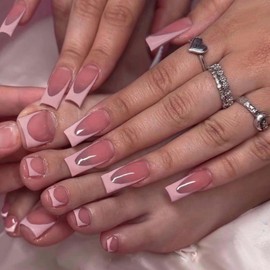 MISUD 48 Pcs Press on Nails Long Square & Press on Toenails Set Glossy Glue on Nails Pink French Tip Fake Nails Supplies Hand Acrylic Nails Kit False Toe Nails Art with Design DIY