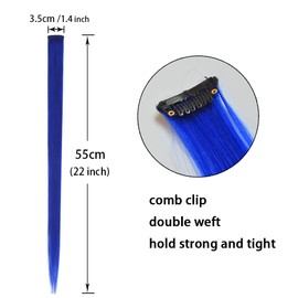 10 Pcs Colored Hair Extensions 22 Inch Colored Clip in Hair Extensions Straight Synthetic Hairpieces for Women Girls Cosplay Fashion Party （Straight,Blue）