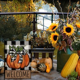 CROWNED BEAUTY Fall Pumpkin Garden Flag 12x18 Inch Double Sided for Outside Thanksgiving Burlap Buffalo Plaid Small Welcome Seasonal Yard Flag (Orange)