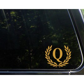 Letter Q (Gold), Small Size, Decorative Monogram - 4-1/2" x 3-/4"- Vinyl Die Cut Decal/Bumper Sticker for Windows, Trucks, Cars, Laptops, Tumblers, Mailboxes, Glasses. Mugs, Etc.