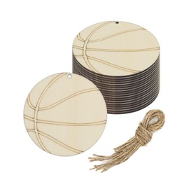 Creaides 20pcs Basketball Wood DIY Crafts Cutouts Wooden Basketball Shaped Hanging Ornaments Wood Tags with Twines for DIY Project Sport Themed Party Decorations