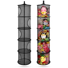 coastal rose 2Pcs Stuffed Animal Storage Foldable Stuffed Animal Net or Hammock Organizer, 5 Compartments Hanging Mesh Toy Storage Hammock for Kid Room Toys, Gloves, Hats, Socks, Black