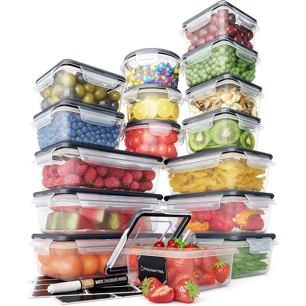 32 Piece Food Storage Containers Set with Easy Snap Lids (16 Lids + 16 Containers) - Airtight Plastic Containers for Pantry & Kitchen Organization - BPA-Free with Free Labels & Marker