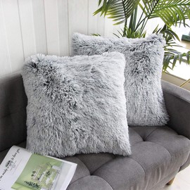 AUMA- Pack of 2 Luxury Soft Faux Fur Throw Pillow Covers 18 x 18 Inch (45 * 45cm) Decoration Plush Pillow Cushion Case for Sofa Couch, Pillow Zippered Square Pillowcase, Gradient Grey