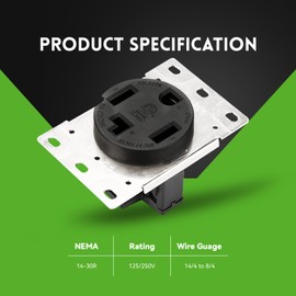 PLUGTUL 30 Amp Dryer Outlet, NEMA 14-30R Dryer Outlet Receptacle with Square Cover Plate, Straight Blade, Industrial Grade, 30 Amp, 125/250 Volt, ETL Listed