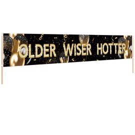 Large Black Gold Older Wiser Hotter Yard Sign Banner, Funny Happy Birthday Banner for 30th 40th 50th 60th 70th 80th Birthday Party Decoration, Funny Black Gold Bday Party Supplies 9.8 X 1.6 ft