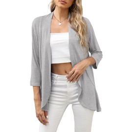 HIYIYEZI Women's Cropped Cardigan 3/4 Sleeve Oversized Summer Cardigan (2X-Large,Light Gray)