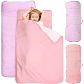 Nap Mat with Pillow and Blanket for Toddlers 2 Pack, Nap Mats for Preschool Daycare, Quilted Kids Sleeping Bag for Girls Toddler Nap Mat, Durable & Machine Washable (Improved Thickness)