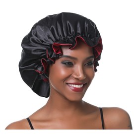Satin Sleep Cap Women's Adjustable Double Layers Satin Bonnet Silk Night Cap Satin Bonnet Night Cap for Hair Loss Curly Long Hair Adjustable, black/red