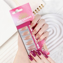 Almond Press On Nails with Color change when exposed to light design Medium Reusable False Nails Colour Changing Fake Nail with Glue (C, Almond)