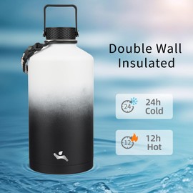 Konokyo Gallon Insulated Water Bottle with Straw,128 oz 3 Lids Water Jug with Carrying Bag,Paracord Handle, Double Wall Vacuum Stainless Steel Metal Flask,Day Night