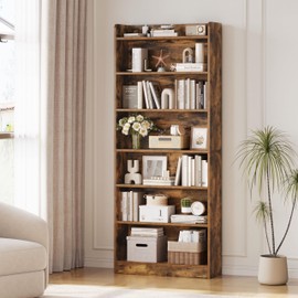 Yaheetech 7-Tier Open Bookcase and Bookshelf, Modern Simple Floor Standing Display Storage Shelves with Top Open Compartment for Home Office, Living Room, Bed Room - Rustic Brown