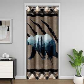 Hunting Bear Door Curtain For Doorway Privacy,Boys Safari Bear Door Drape 34"W X 80"L,Jungle Animal Blackout Curtain,Woodland Wildlife Room Divider Curtain,Brown Geometric Stripes Closet Curtain