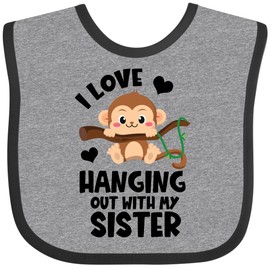 inktastic Monkey I Love Hanging Out with My Sister Baby Bib Heather and Black 3e973