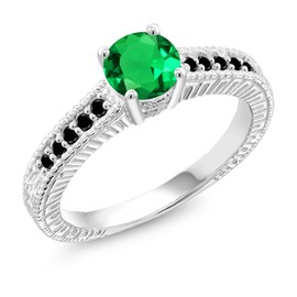 Gem Stone King 0.94 Ct Round Green Simulated Emerald Black Diamond 925 Sterling Silver Engagement Ring (Size 5)