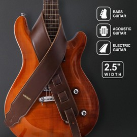 YIKOKO Guitar Strap 2.5 Inch Head Layer Cowhide Italian Leather Guitar Straps with Padding, for Acoustic, Bass and Electric Guitars(Brown)