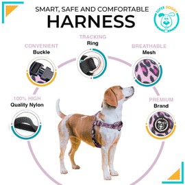 SUPER DOGGY Anti-Pull Harness for Dogs - Easy Walk Harness with Lead - Chest Collar for Large, Medium and Small Dogs - Training Harness, Reduces Choking Hazard (Pink Leopard, M)