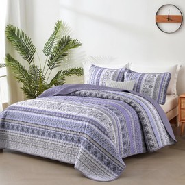 Goodidea Lilac Boho Quilt Set Queen Size, 3 Piece Light Purple Bohemian Striped Bedspread Coverlet Set with 2 Pillow Cases Lightweight Soft Microfiber Bedding Set for All Seasons (96"x90")