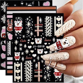 5D Christmas Nail Art Stickers Self-Adhesive Embossed Snowflake Nail Decals Bear Elk Xmas Tree Nail Design Christmas Party Nail Decoration Winter Nail Stickers for Women Girls DIY Nail Charms 3 Sheets